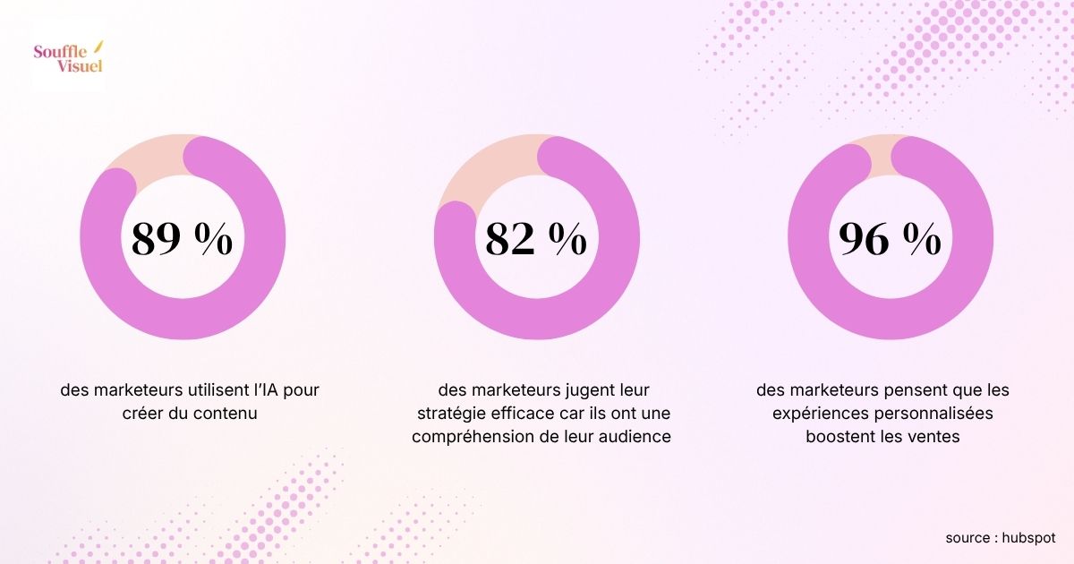 Graphique des pourcentages en inbound marketing : - 89% des marketeurs utilisent l’IA pour créer du contenu - 82% des marketeurs jugent leur stratégie efficace car ils ont une compréhension de leur audience - 96% des marketeurs pensent que les expériences personnalisées boostent les ventes